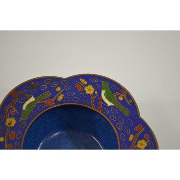 Chinese Cloisonne Trinket Bowl Dish Lot of 2 Cherry Blossoms Birds Vtg - Picture 3 of 11